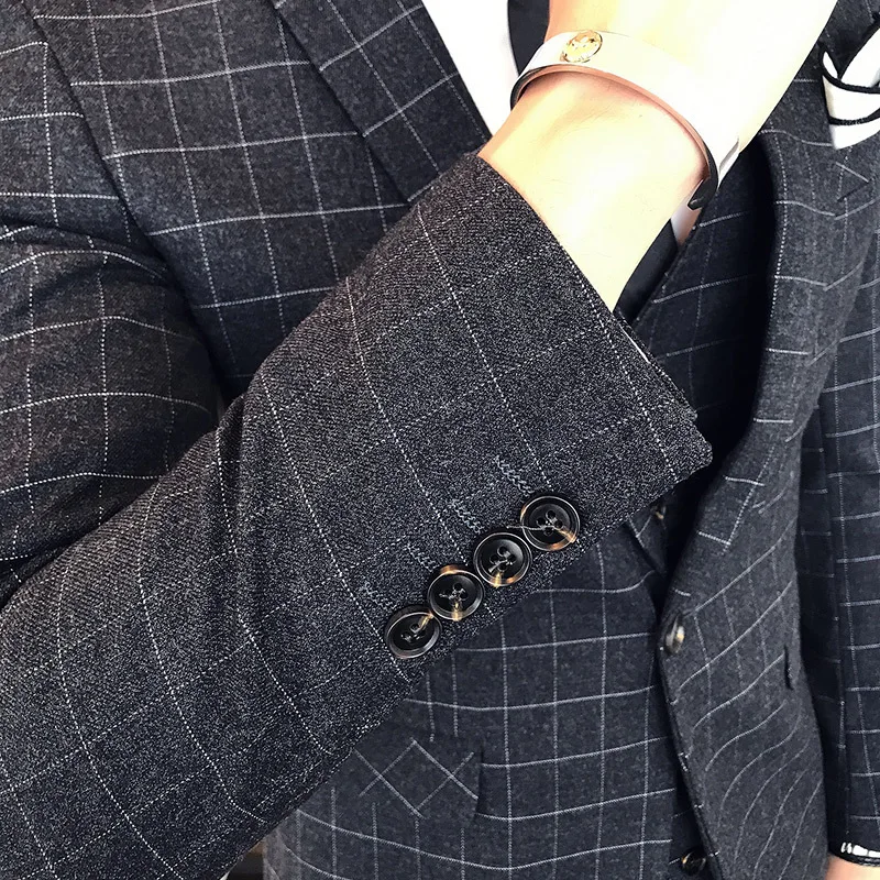 

Costume Homme Slim Gentleman Plaid Suit 3pcs Set Blazer Men Wedding Groomsmen Dress Jacket Vest & Pants