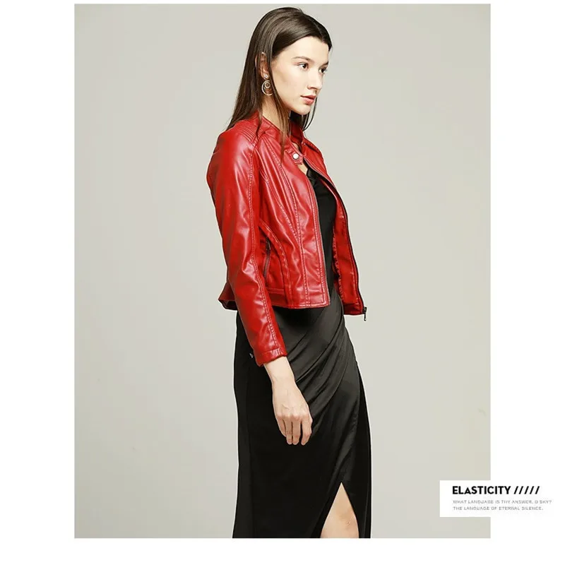 Korean Style Fashion Fit Crop Jacket Women Bomber Motorcycle Streetwear PU Red Spring | Женская одежда