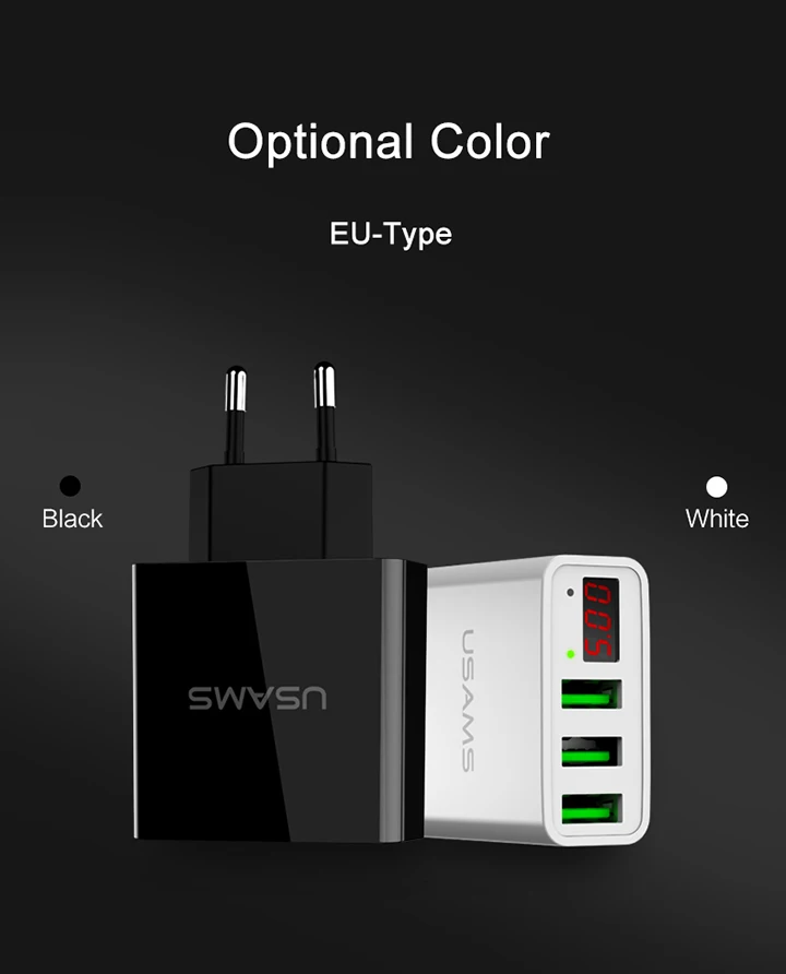 USAMS 3 USB зарядное устройство для телефона, зарядное устройство для мобильного телефона, светодиодный дисплей, макс. 3А, Европейское настенное зарядное устройство для iPhone, samsung, Xiaomi, зарядное устройство, USB адаптеры