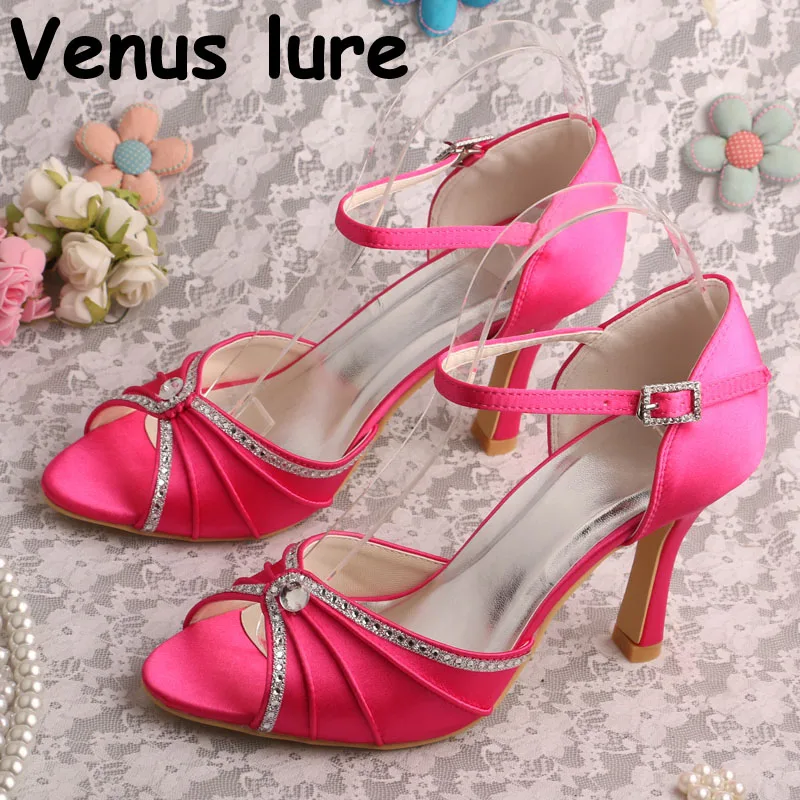 

Fuchsia Wedding Heels for Bride Pleated Satin Classic Sandals Peep Toe