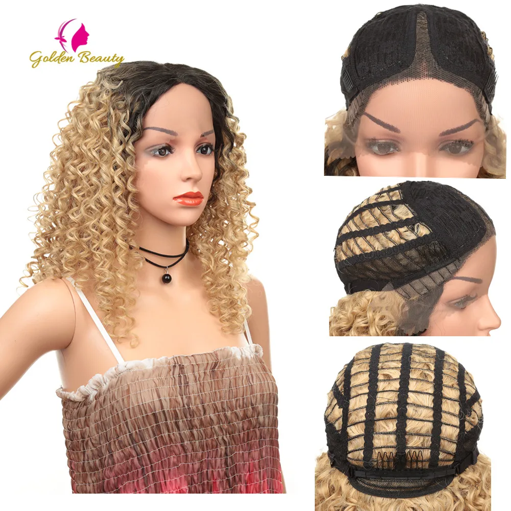 

Golden Beauty 20inch Kinky Curly Wig Synthetic Lace Front Wig African American Short Hair Ombre Afro Wigs