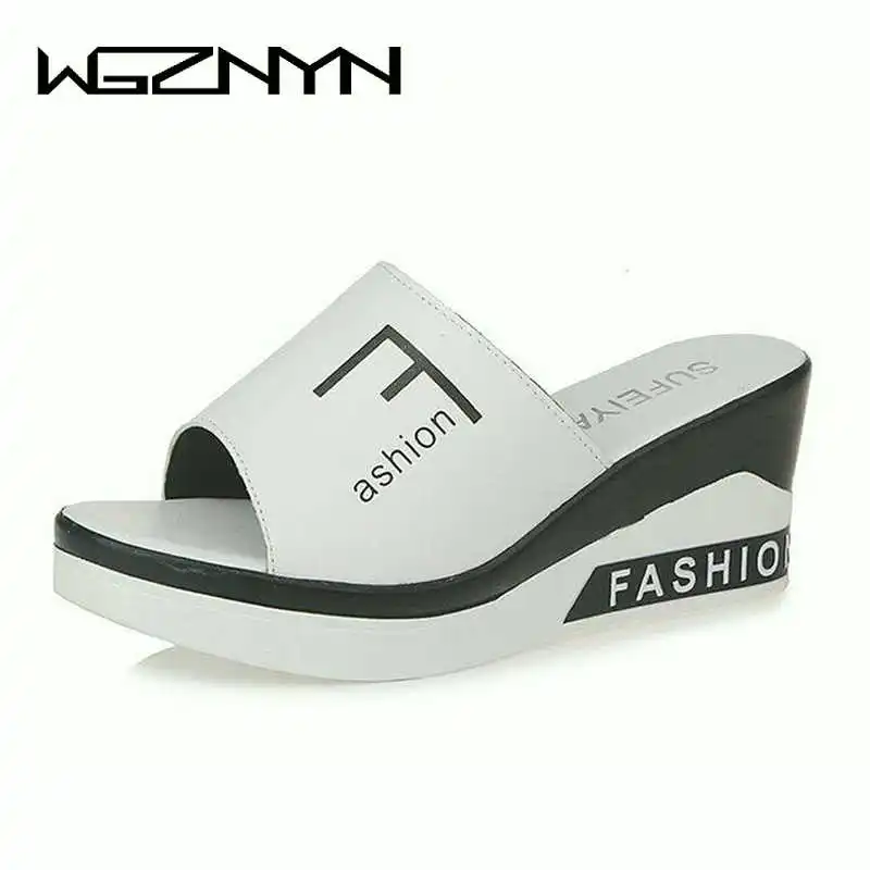 

2020 New Style Slipper High Heel Wedges Women Slides Leather High Quality Black Outsite Sexy Ladies Platform Females Slipper W26