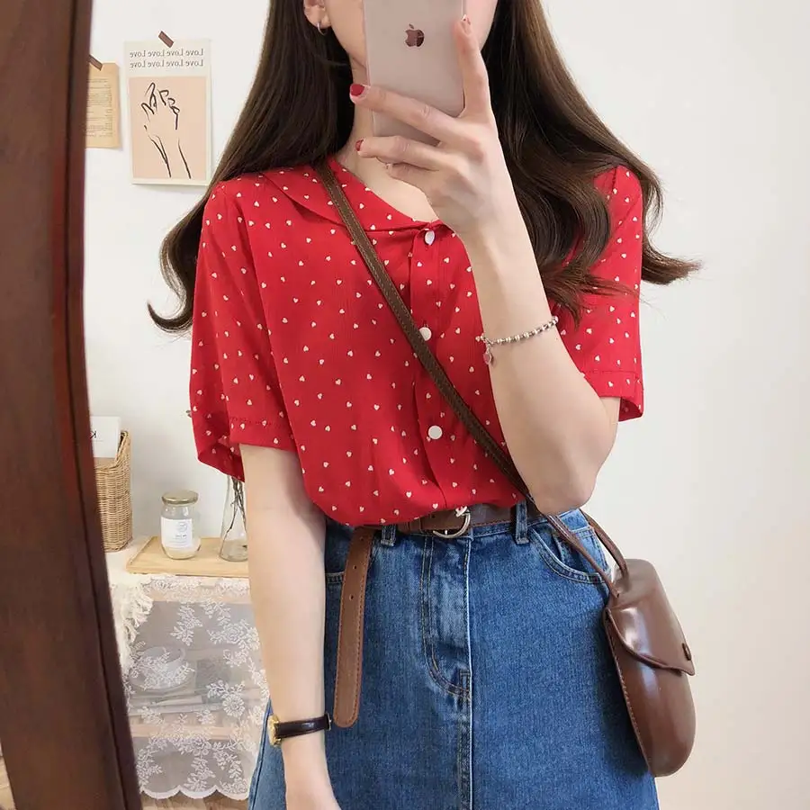 Рубашка в горошек Женская повседневная желтая с коротким рукавом | одежда