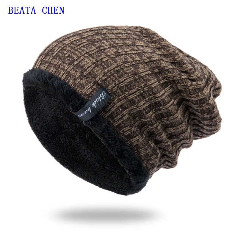 Beata Chen Men's hats winter youth warm and thickened knitted woollen hat fleece cotton head | Аксессуары для одежды
