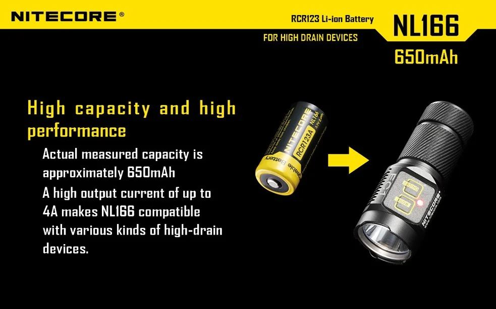 Литий ионный перезаряжаемый аккумулятор NiteCore NL166 RCR123A(16340) 3 7 V 650mAh 3A с защитой