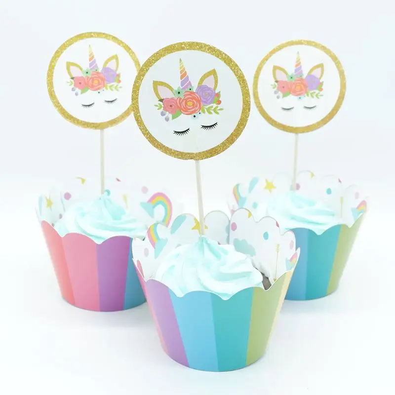 Cake Wrapper 24pcs 1 комплект Единорог вечерние поставки розовый Радуга баннер Единорог тарелка воздушный шар салфетка обертка для кексов Беби Шауэр детский Декор ко дню рождения - Цвет: Cake Wrapper 24pcs