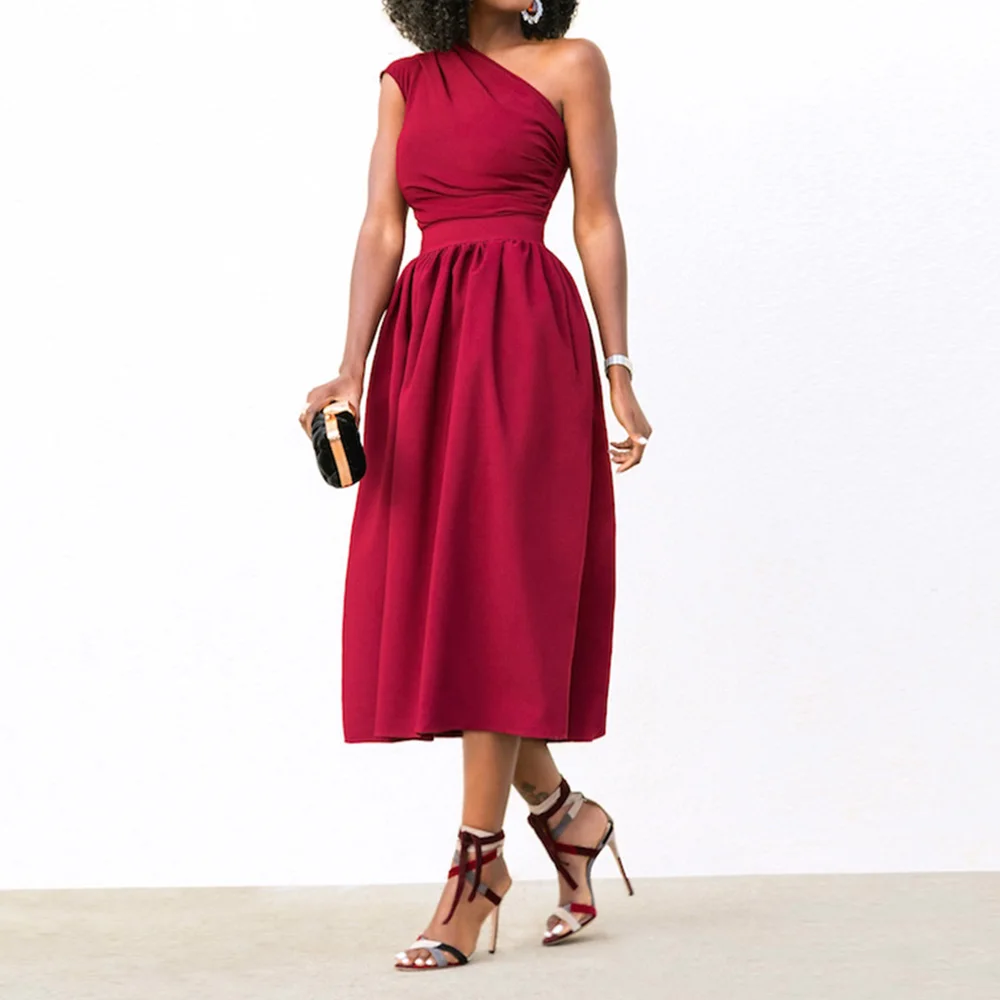 Платье без бретелек на одно плечо с высокой талией вечернее однотонное Летнее