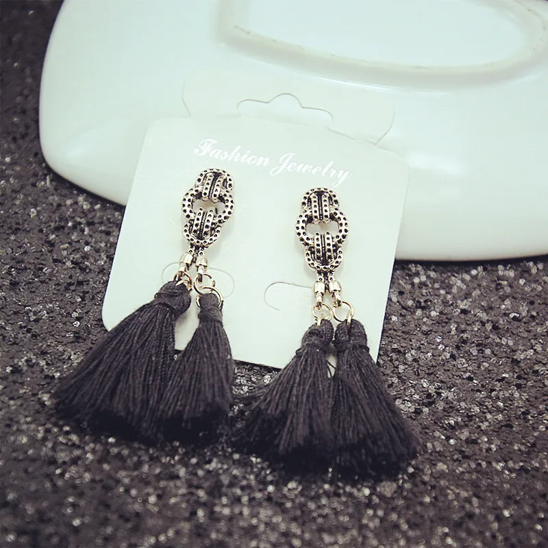 Новинка 2018 Винтажные серьги золотистого цвета с хлопковой кисточкой в