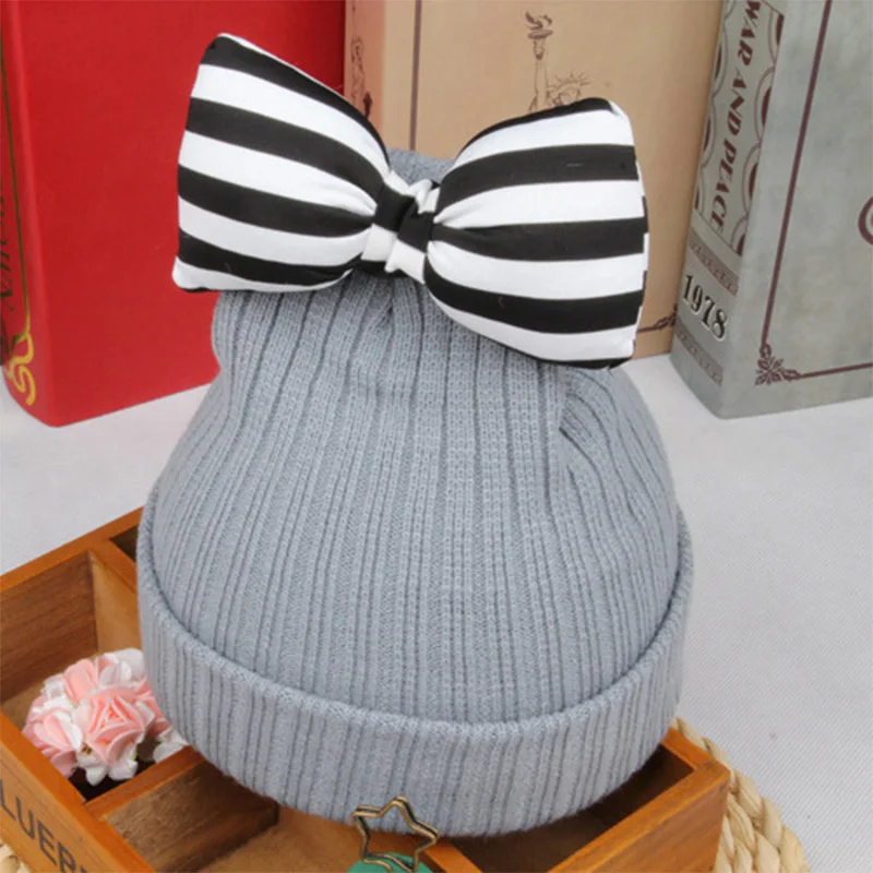 DreamShining Baby Hat Cute Striped Bow Kids Woolen Children Winter Warm Crochet Knitted Cap Girls Photography Headwear Caps | Детская