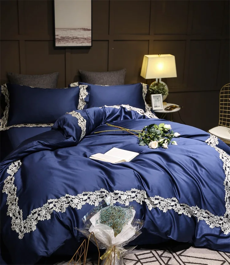 

Luxury Lace 100S Egyptian cotton Royal Bedding sets Queen King size Duvet cover Bed sheet set Pillowcase 4pcs Dark blue white