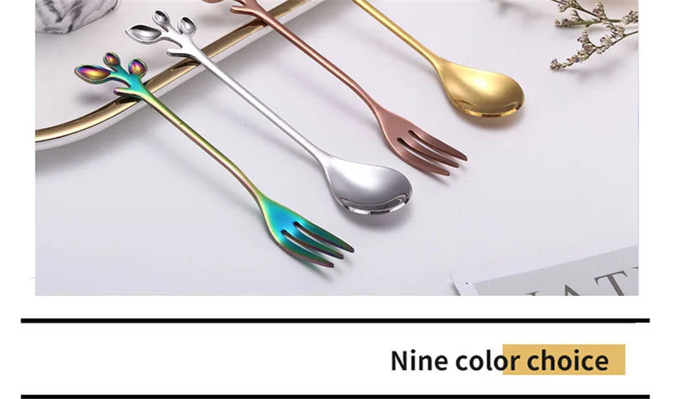 Creative Stainless Steel Fork Spoon Leaf Shape Handle Coffee Cake Dessert Ice Cream Forks Spoons Glossy Household Tableware 1pcs