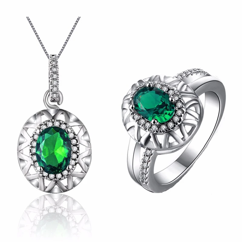Набор из ожерелья и кольца с зеленым камнем кристаллами 1 ожерелье кольцо белый