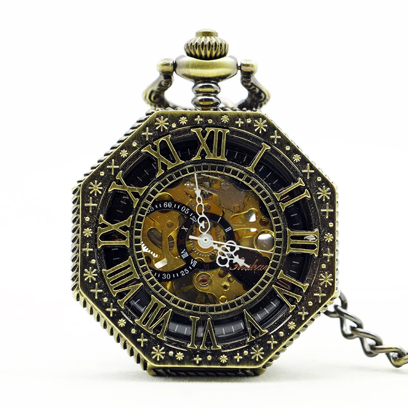 Irregular Hexagon Design Skull Mechanical Pocket Watch Retro Steampunk Gentleman Style Men's Necklace Pendant Clock