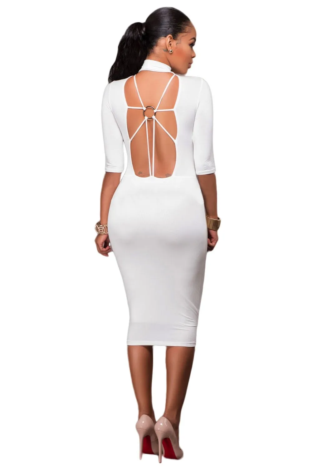 YIRANSHINI Bodycon платья Белый макет шеи o-кольцо акцент сексуальный вырез с рукавом до