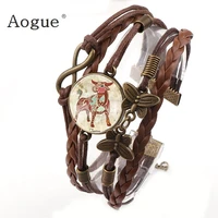 men brown artificial leather 12 constellation bracelet rock biker bracelets round glass cabochon bracelet