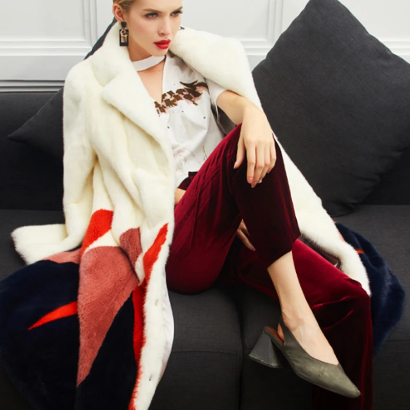 Зимнее импортное бархатное Норковое меховое пальто Ftangaiur отложной воротник