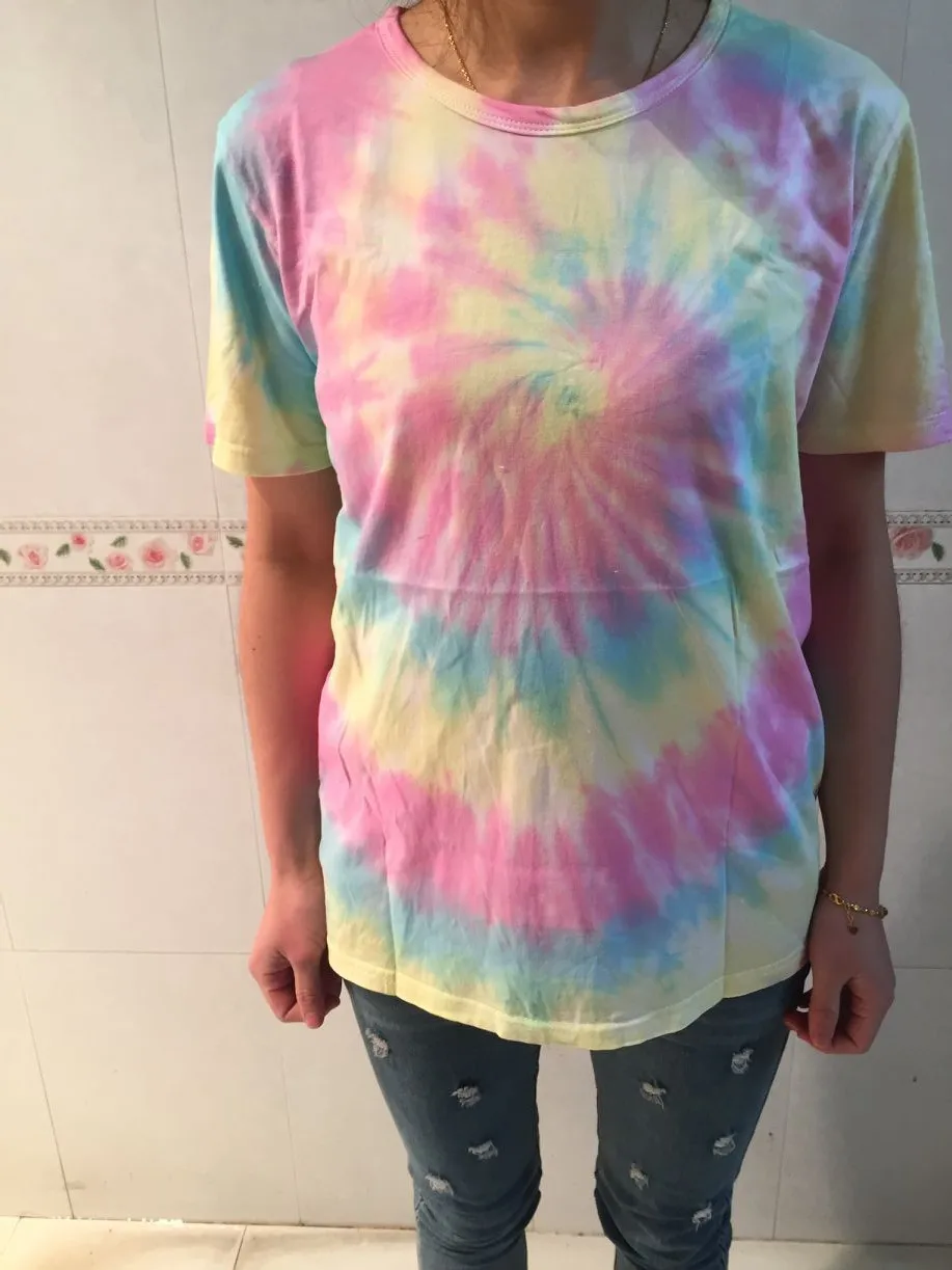 Хлопковая футболка ручной работы с принтом радуги и короткими рукавами|tee top|print