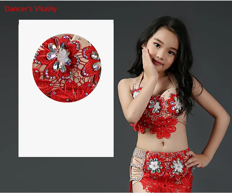 Роскошные Модальные+ Кружева Высокого Качества Костюмы Bellydance Kid Девушки Производительность Танец Живота Горный Хрусталь Бюстгальтер Топ+ юбка 2 шт. / Компл
