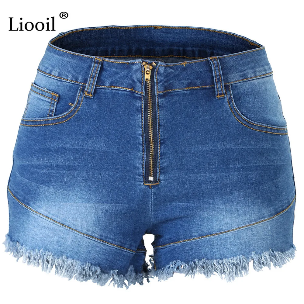 Liooil плюс размеры шорты для женщин для повседневное Лето г. хлопок Sexy Rave Jean Короткие Модные карман на молнии середины талии сини
