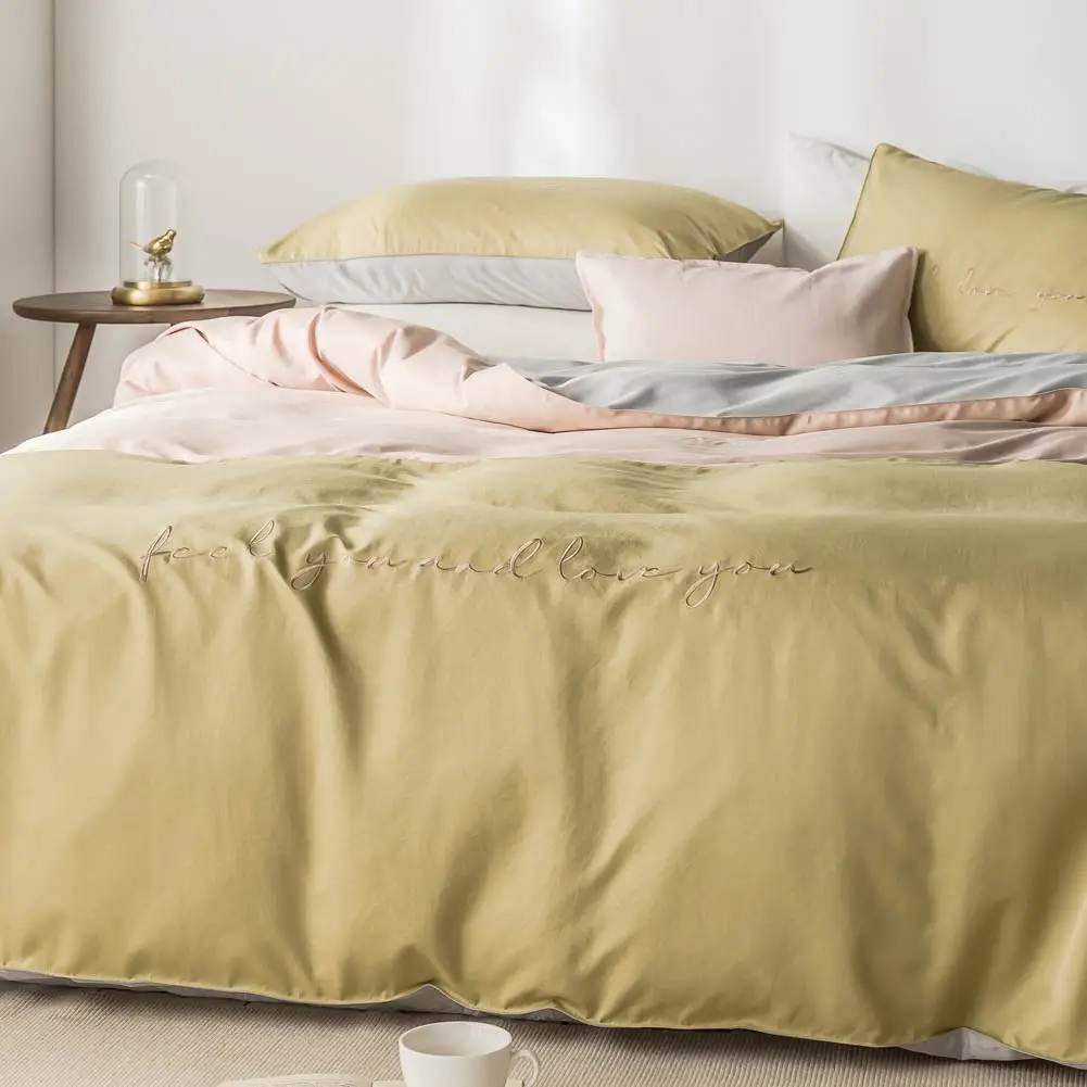 Nordic Light Green Dark INS Embroidery Bedlinens Artificial Silk Satin Duvet Cover Set Queen King Bedsheet Bedding Set