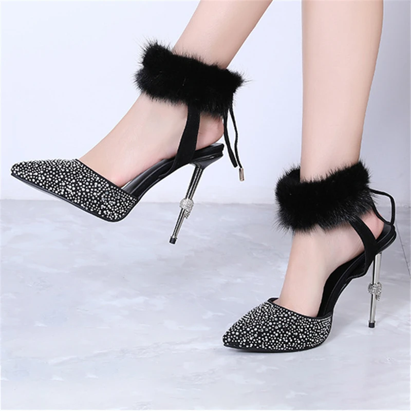 

Women Fur Sandals Summer Shoes High Heels 12cm Pumps Rabbit Fur Fashion Metal Stiletto Sexy Party Fenty Beauty Ankle Strap Shoes