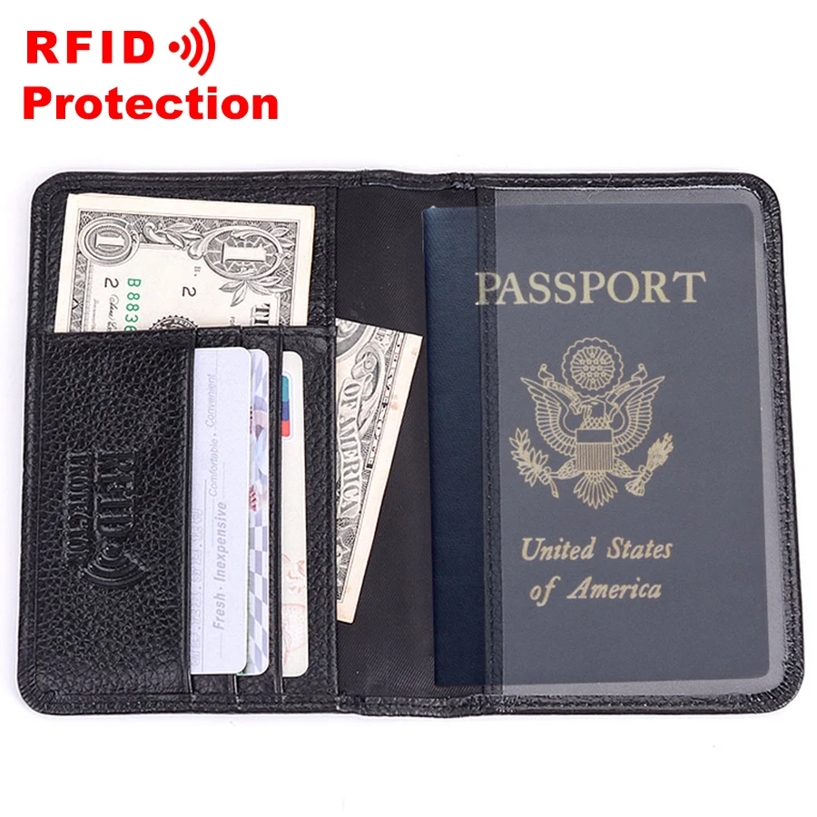 Genuine Leather Passport Wallet RFID Protection Credit Card Holder High Quality Travel Cover Case Black Men R6 | Багаж и сумки