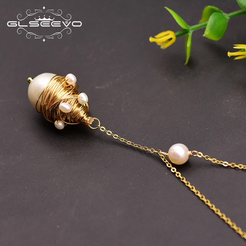 Длинное ожерелье GLSEEVO с натуральным жемчугом в стиле барокко тонкие серьги