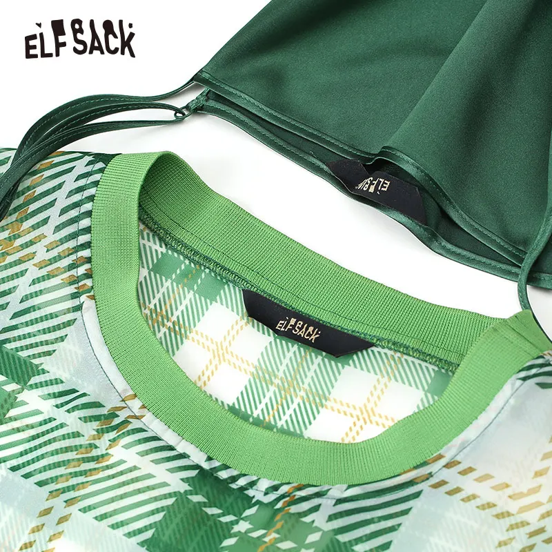 Женское винтажное вечернее платье ELFSACK зеленое клетчатое Повседневное оверсайз
