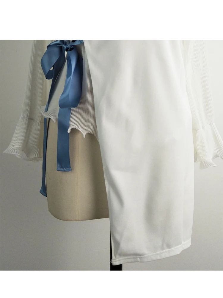 White Irregular Women Blouse Fashion Patchwork V Neck Harajuku Blusas Bow Belted Elegant Office Lady Long Sleeve Cardigan Tops |