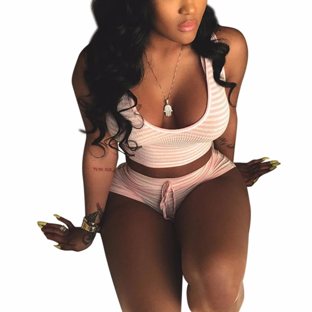 Women Sexy Tracksuit Fitness Beach Suit Crop Top Pant Two Piece Set Pink Womens Striped Vest Short 2 Summer Cropped Outfit | Женская