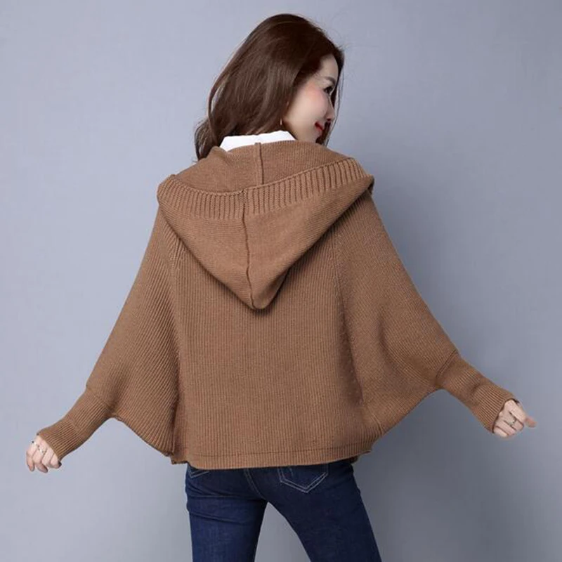 Short jacket sweater 2017 autumn new women long sleeves loose hooded knitting Cardigan Thick bat Sweater coat LU |