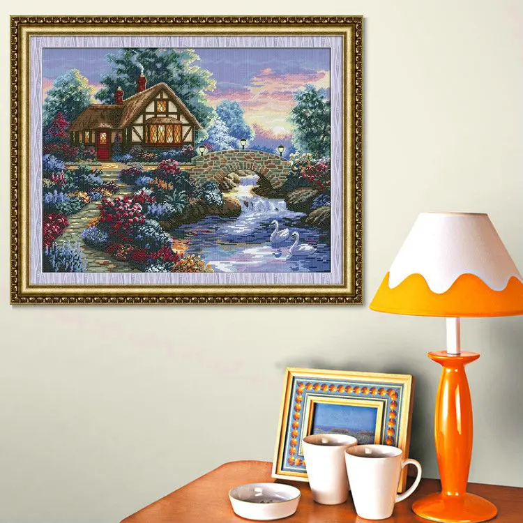 

Needlework,DIY DMC Cross stitch,Set For Embroidery kit,Scenic,cottage,garden Bridge Pattern Counted Cross-Stitch,Sewing Kit