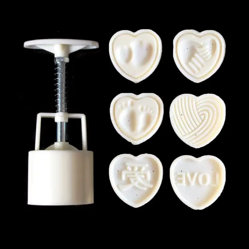6pcs 3D Heart Stamps Moon Cake Decor Mould Barrel Mooncake Mold 50g Pastry Mooncakes Hand DIY Tool