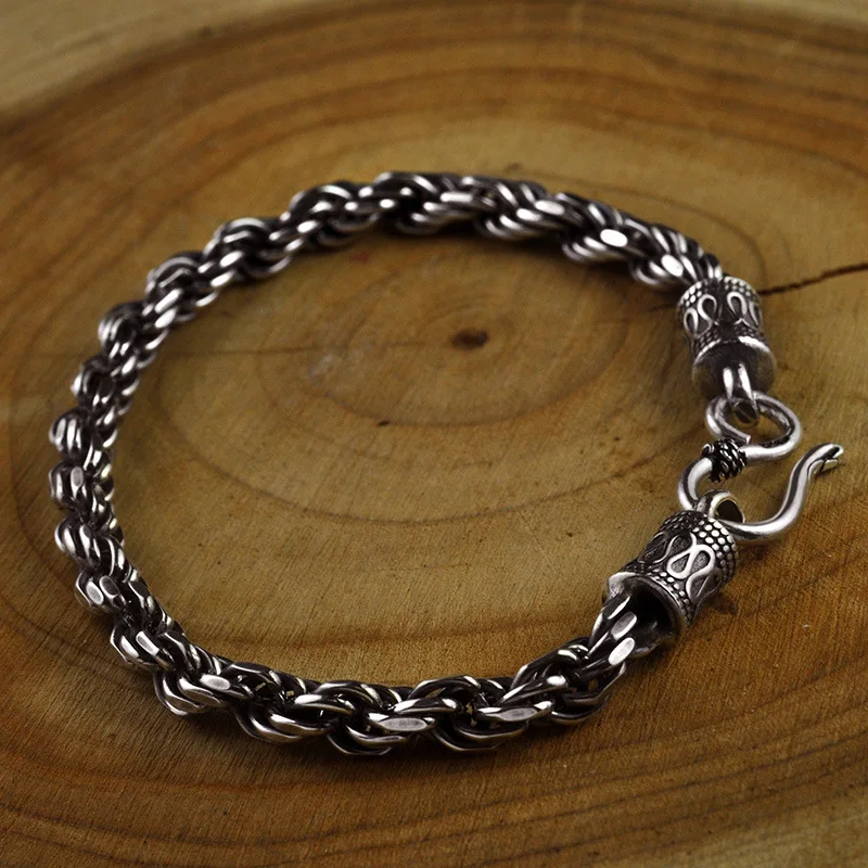 

100% Pure 925 Sterling Silver Men Bracelet Vintage Hemp Rope Craft Rough Thai silver Bracelet Fashion Jewelry Father's day Gifts