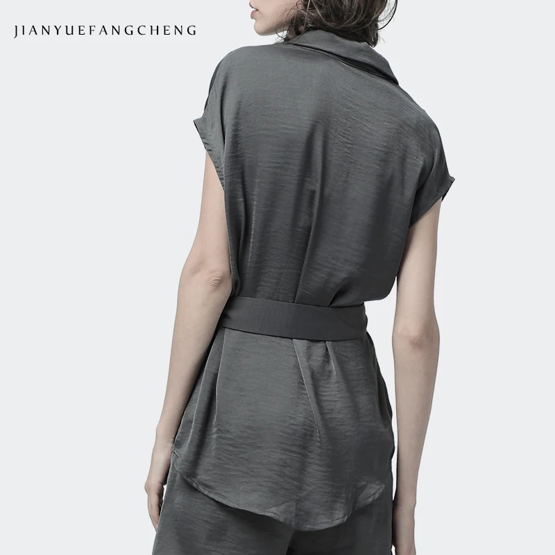 

Sashes Tie Up Womens Satin Blouse Short Sleeve V-Neck Summer Tops New 2019 blusas Solid Color Sexy Slim Streetwear Office Blouse