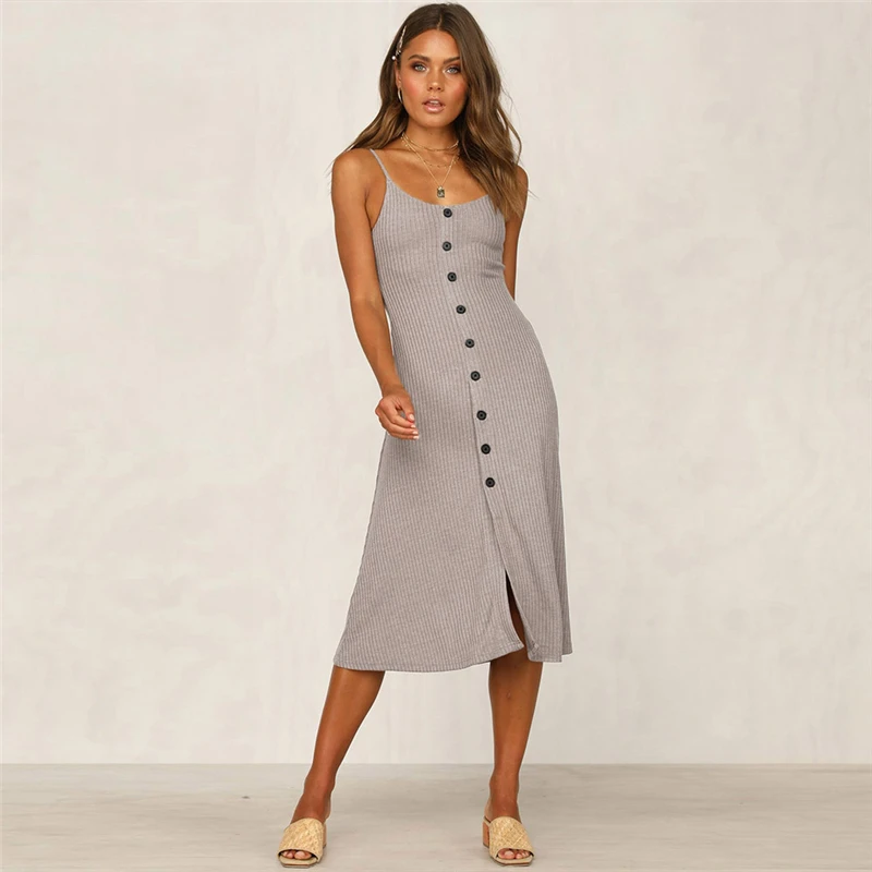 Летнее платье на тонких бретельках с кнопка для ремешка женское миди модные