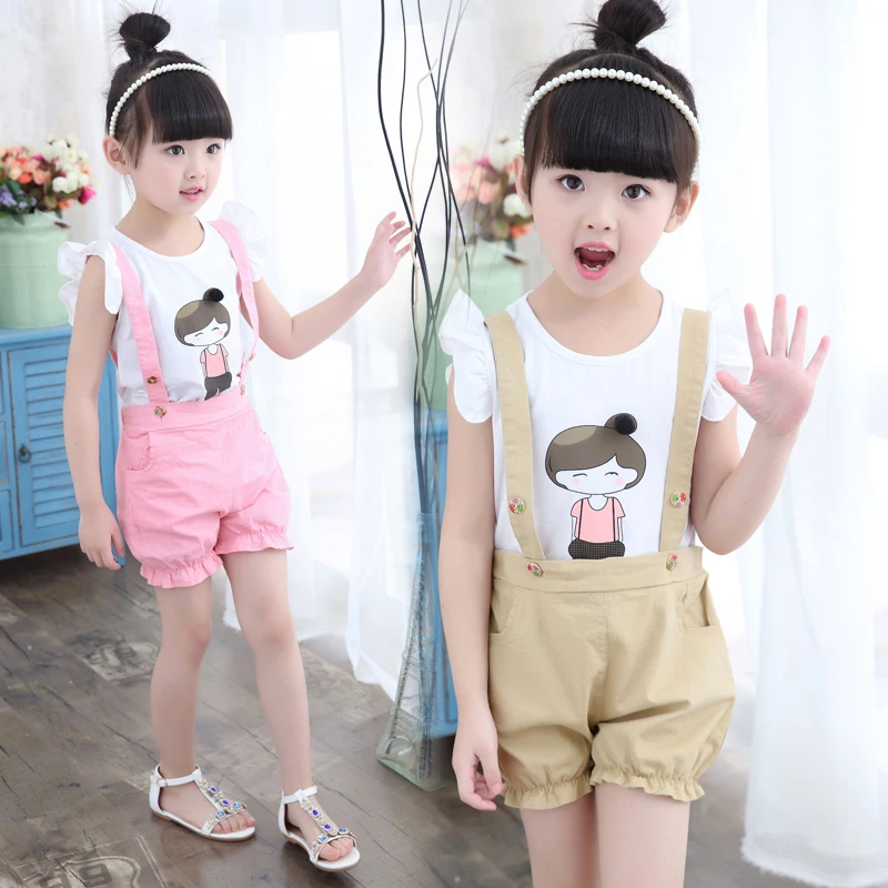2018 Khaki Pink Girls Sets Cotton T-shirt + Overalls 2 Piece Set Child Clothes Costume Short Sleeves Girl Baby Kids Suits 5cs443 | Детская