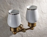 antique brass wall mounted double toothbrush holders with 2 creamic cups tooth cup holders for bathroom accessories zba432
