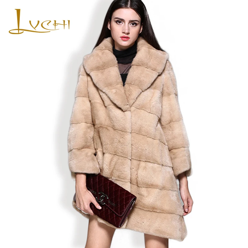 LVCHI 2019 асимметричное бежевое Норковое Пальто высокого качества с рукавом девять