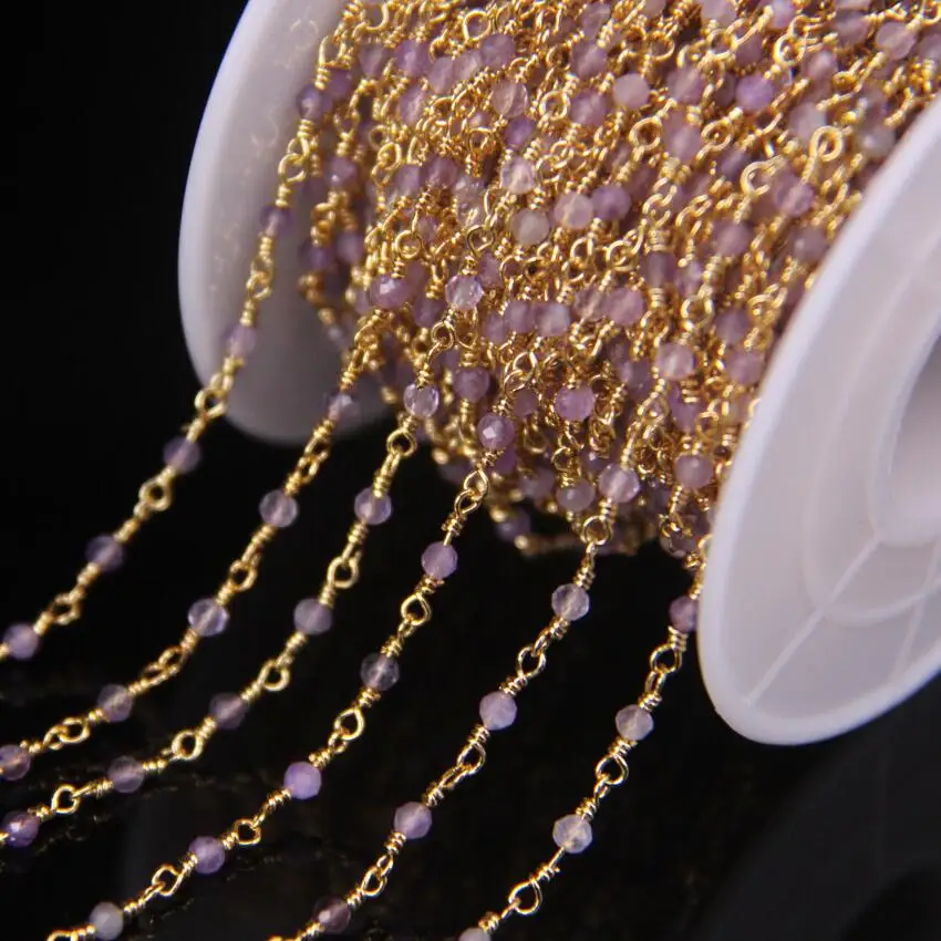 

5Meter Natural Amethysts 2mm Faceted Round Beads Rosary Chain,Gold Color Brass Wire Wrapped Necklace Bracelet Sweater Chains