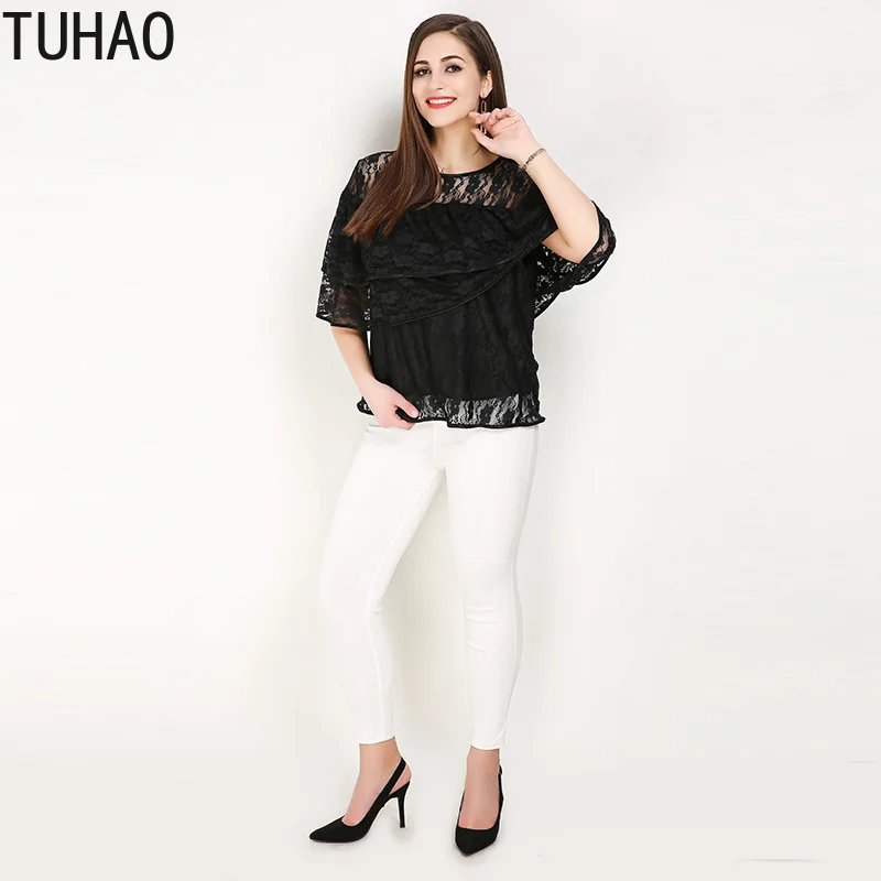 TUHAO размера плюс 7XL 6XL 5XL Блузка Летняя женская однотонная кружевная блузка с