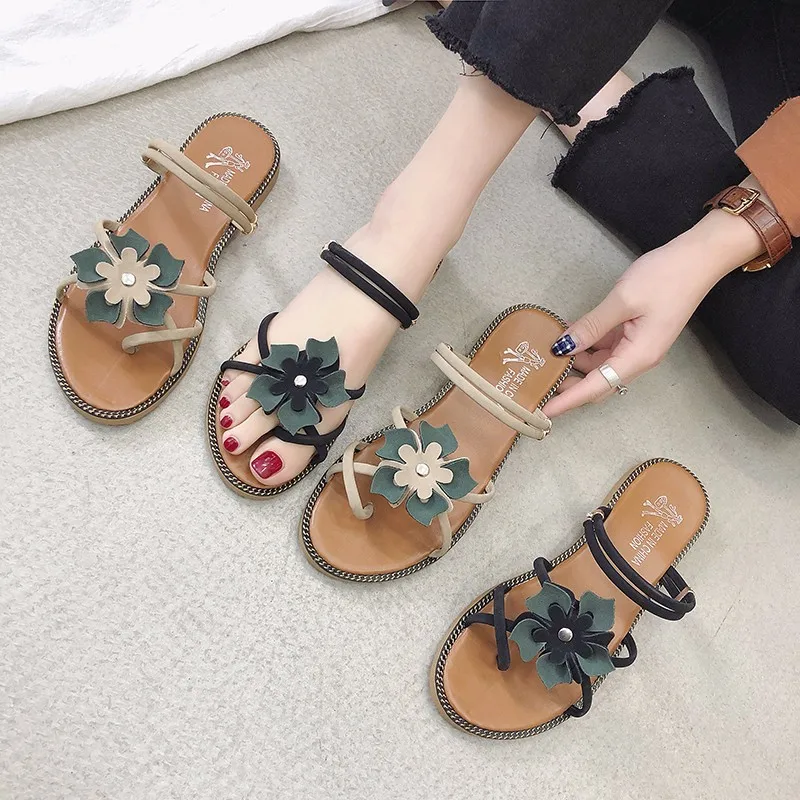 Женские шлепанцы с цветочным принтом пляжные на плоской подошве летняя обувь 7252 |