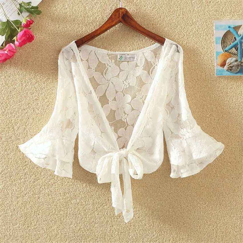 2019 Summer Elegant Women Lace Shawl Capes Lady White Wraps Bow Tie Wrap Bolero Accessories Coat Tops Sun Protection WZ785 | Женская