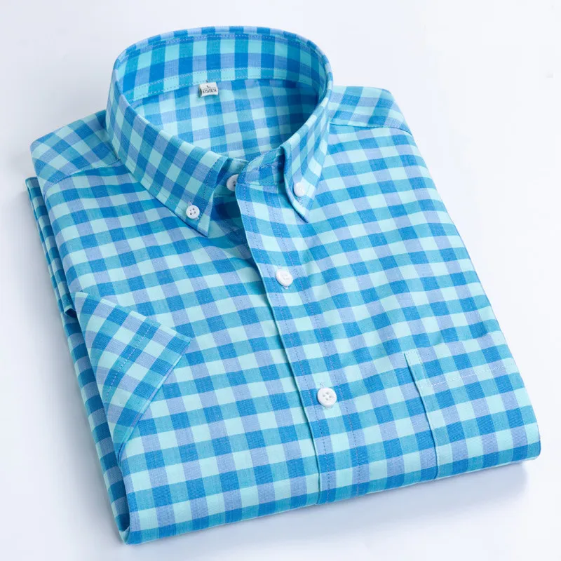 Short Sleeve Shirts Men Fashion Design Loose 100% Cotton Plaid Camisa Social Dress Check Regular fit Single Breasted CollarShirt