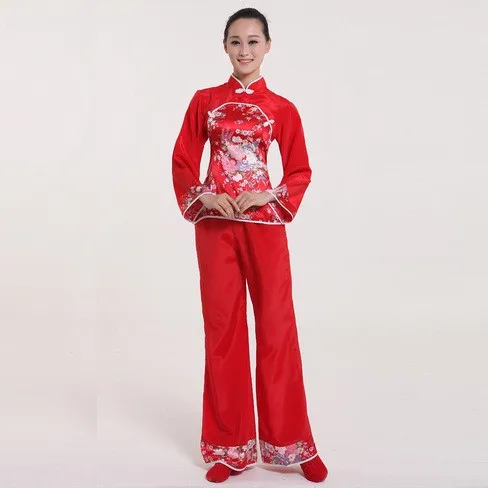 

Women Flower Splicing Yangko Dance Costumes Red\blue Long Sleeves Fan Waist Drum Middle Aged Group National Square Wear