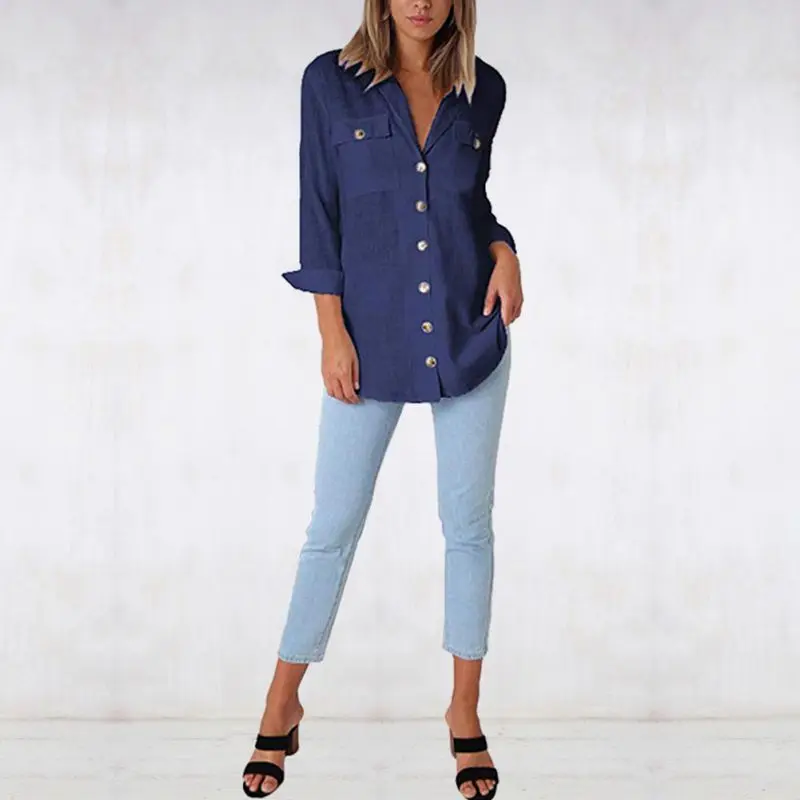 

Women Casual Shirt Long Sleeve Loose Buttons Tops V-Neck Light Weight Blouses