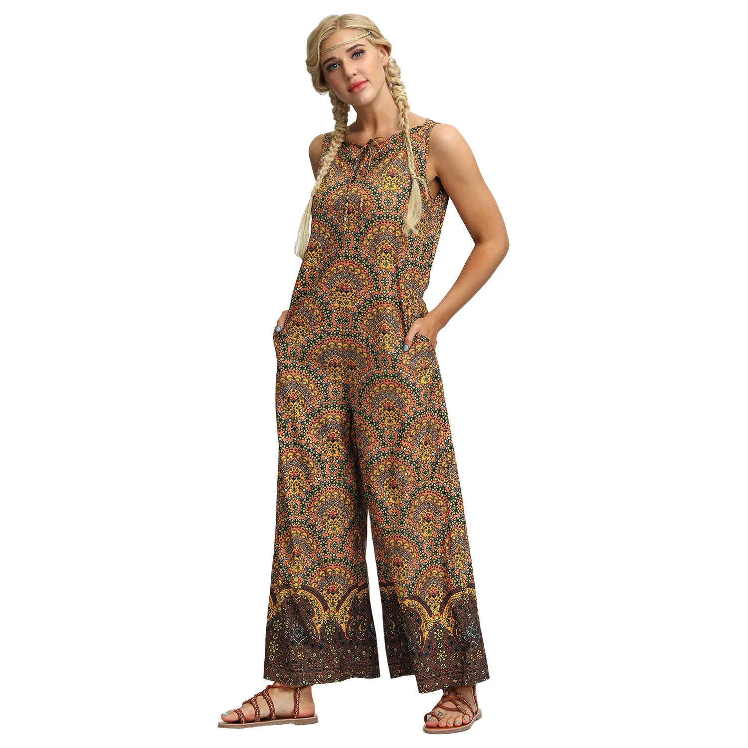 Летние женские комбинезоны без рукавов Модный богемный стиль наряд Boho Цветочный Принт Комбинезон Femme широкие свободные длинные брюки