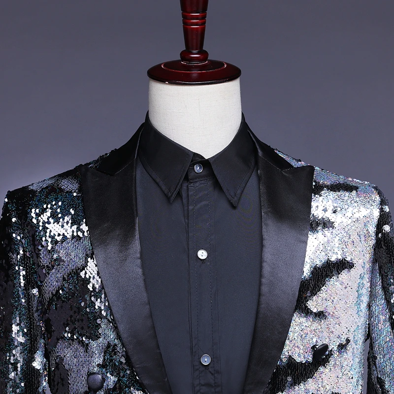 Bar Nightclub Male Singer Jacket DJ DS Host Blue violet Colorful sequins slim fit suit stage costume Fashion Slim blazer men | Мужская
