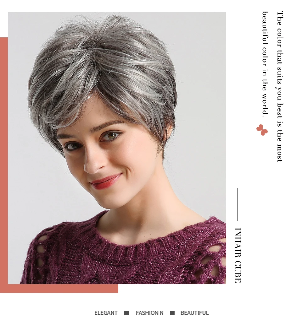 Inhair Cube 1" 50% человеческие волосы синтетические женские" s парики натуральные пушистые прямые серые короткие текстуры для американских африканских