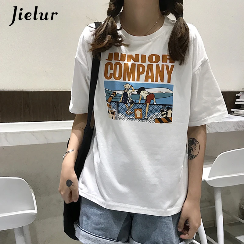 Jielur женские футболки с мультяшными буквами свободные Модные Харадзюку основной